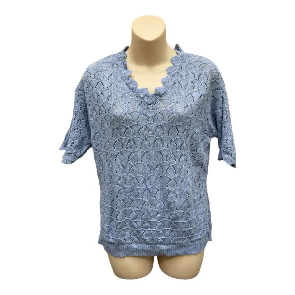 Vintage Blair Periwinkle Blue Crochet Sweater Blouse Size S Made in USA Coastal